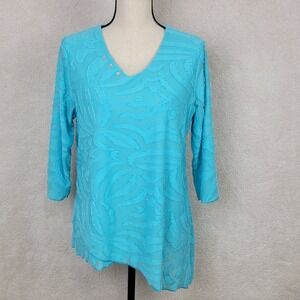 Lulu-B Women's M Blue Textured V-Neck Asymmetrical Hem 3/4 Sleeve Tunic Top